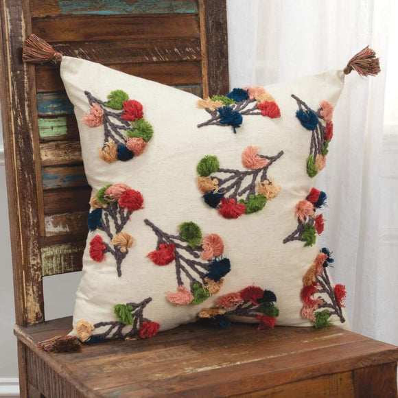 Floral Tassel 100% Cotton Multi Colored Polyfilled Pillow